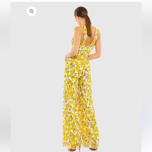 NWT Mac Duggal Ieena Yellow Crossed Halter Tie Waist Jumpsuit floral print Sz 6 - Picture 4 of 15